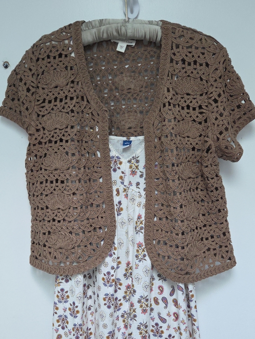 Crochet Short Sleeve Cardigan Sweater - Taupe